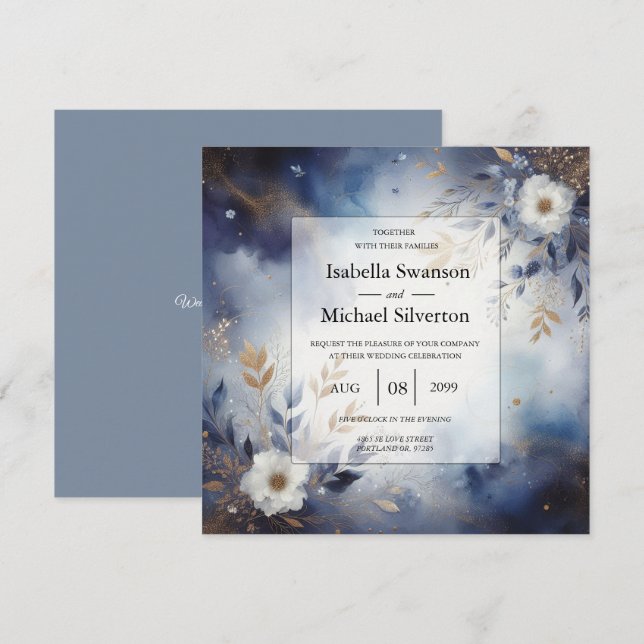 Invitación Boda floral azul marino y dorado (Anverso / Reverso)