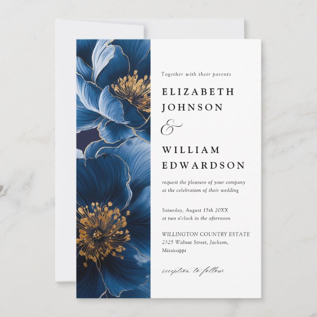 Invitación Boda Floral Azul Marino Y Dorado Moderna (Anverso)