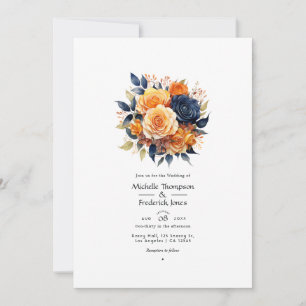 Invitación Boda floral azul marino y naranja