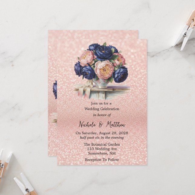 Invitación Boda floral azul marino y Rosa dorado (Anverso/Reverso In Situ)