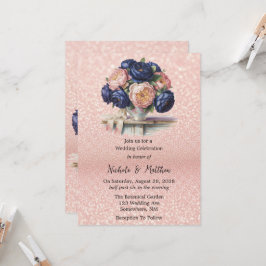 Invitación Boda floral azul marino y Rosa dorado