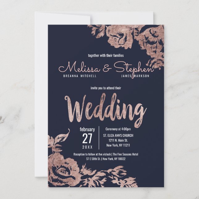 Invitación Boda floral azul marino y Rosa dorado (Anverso)
