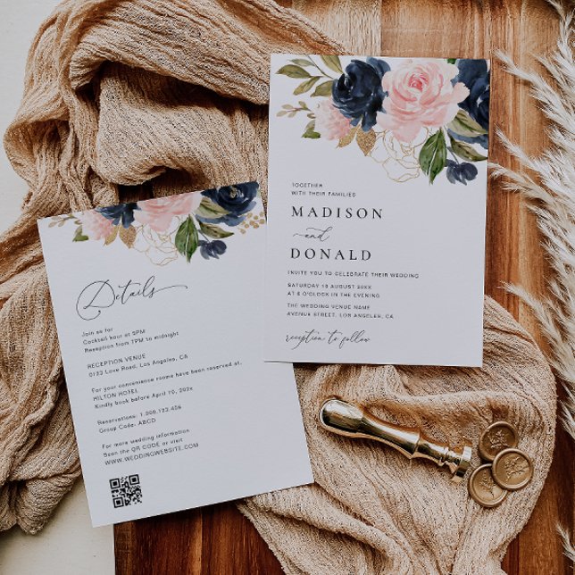 Invitación boda floral azul marino y rubio (Subido por el creador)