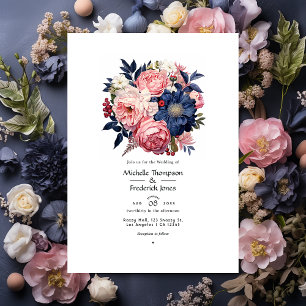 Invitación Boda floral azul marino y rubor