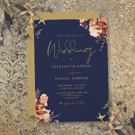 Invitación Boda floral azul marino y rústico de oro