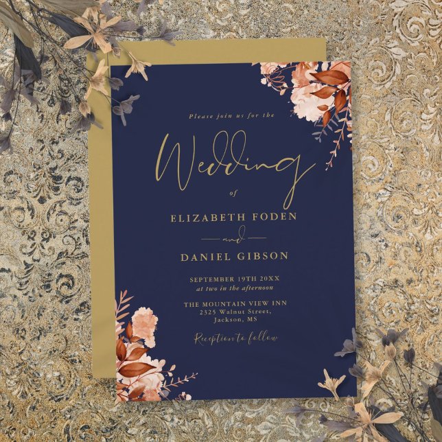 Invitación Boda floral azul marino y rústico de oro (Navy Blue And Gold Rustic Floral Wedding Invitation)