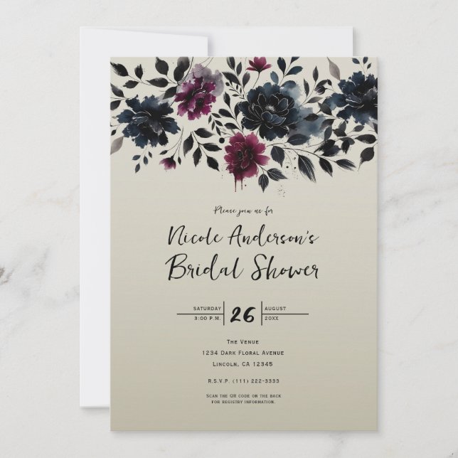 Invitación Boda floral azul medianoche Borgoña almendra flora (Anverso)