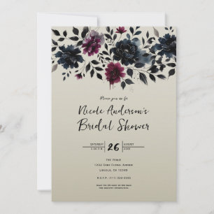 Invitación Boda floral azul medianoche Borgoña almendra flora