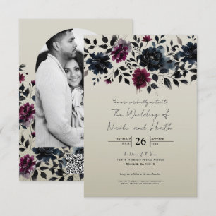 Invitación Boda Floral Azul Medianoche Borgoña Tinta Almendra