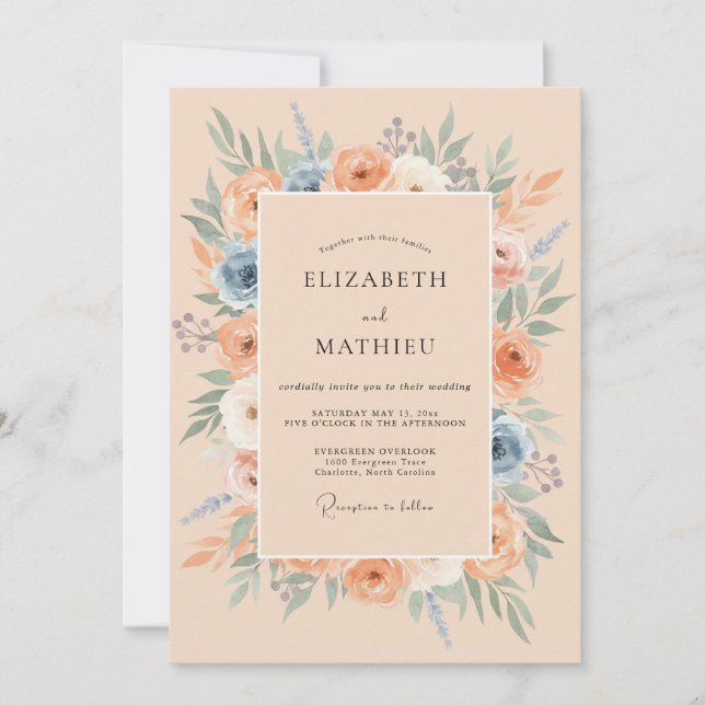 Invitación Boda Floral Azul Melocotón Florecimiento (Anverso)