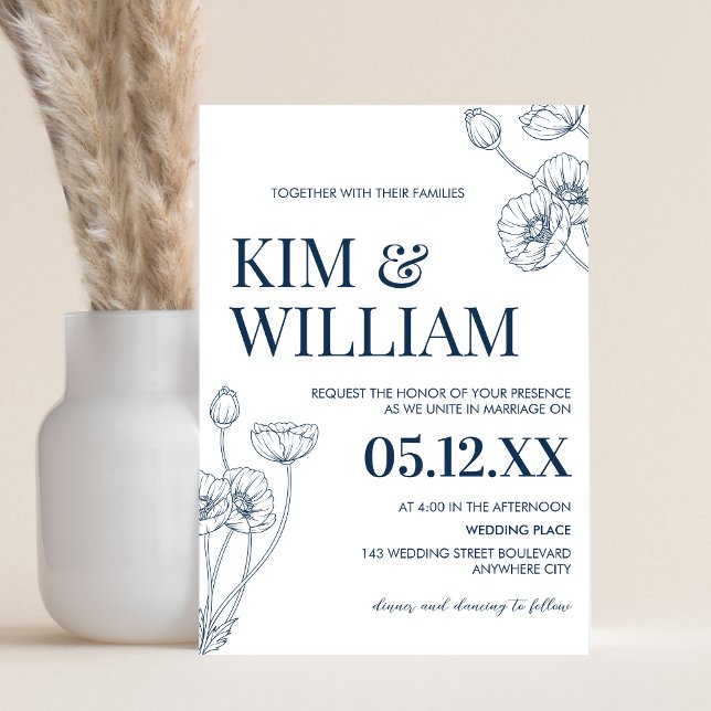 Invitación Boda floral azul minimalista (Blue Minimalist Floral Wedding Invitation)