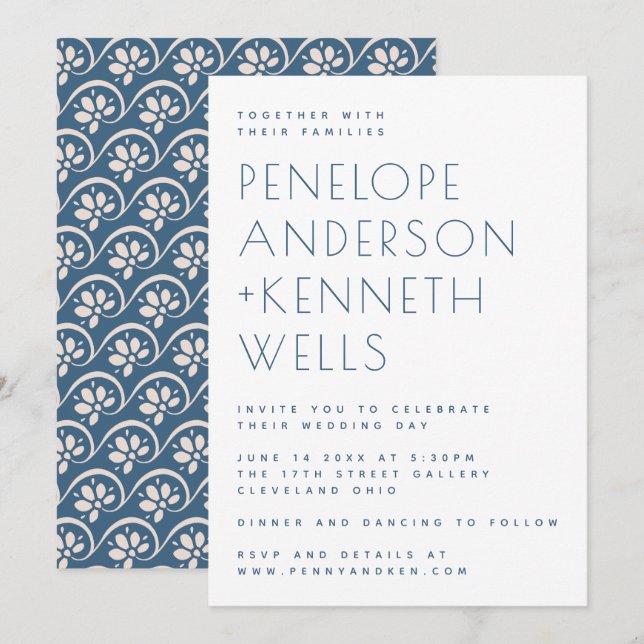 Invitación Boda floral azul Minimalista moderno (Anverso / Reverso)