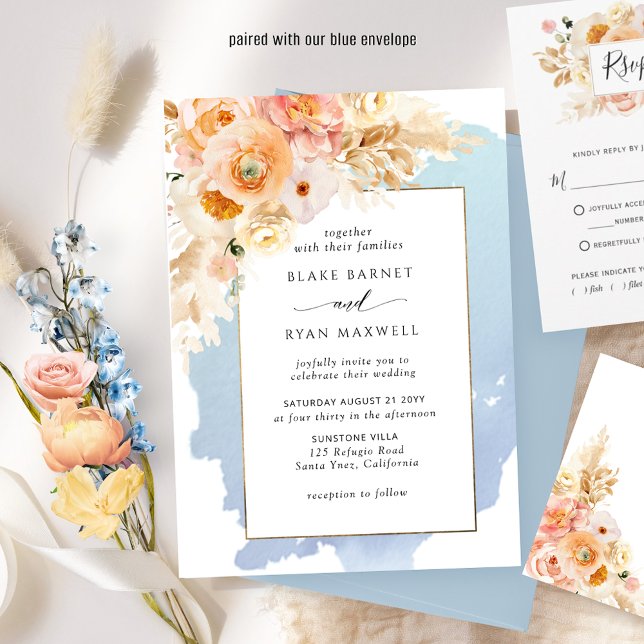 Invitación Boda floral azul moda, melocotón, Rubor y crema (Subido por el creador)