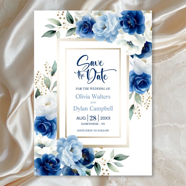 Invitación Boda floral azul moderna salva la fecha (Subido por el creador)