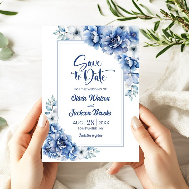 Invitación Boda floral azul moderna salva la fecha (Subido por el creador)