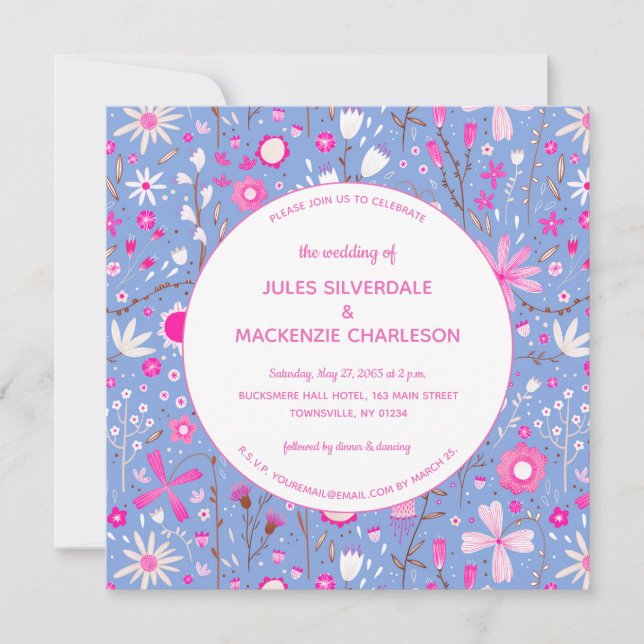 Invitación Boda Floral Azul Moderno (Anverso)