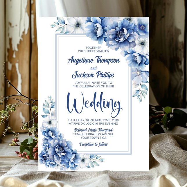 Invitación Boda floral azul moderno (Subido por el creador)