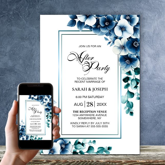 Invitación Boda Floral Azul Moderno Después Del Fiesta (Subido por el creador)