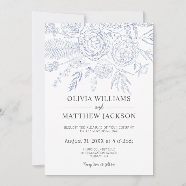 Invitación Boda floral azul moderno simple (Anverso)