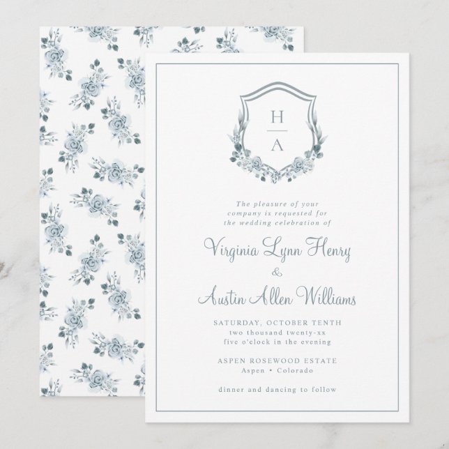 Invitación Boda floral azul monograma (Anverso / Reverso)