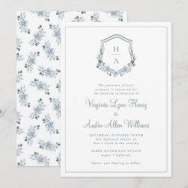 Invitación Boda floral azul monograma