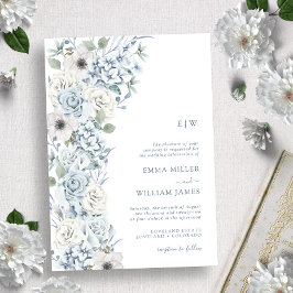 Invitación Boda floral azul monogramado