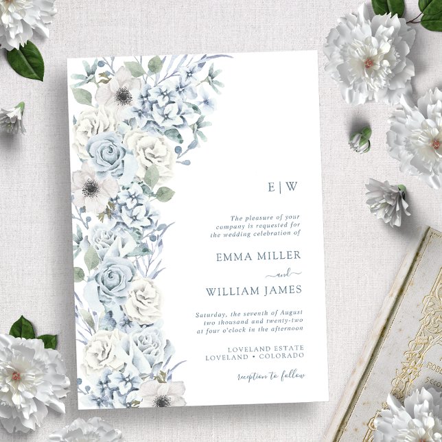 Invitación Boda floral azul monogramado (Subido por el creador)