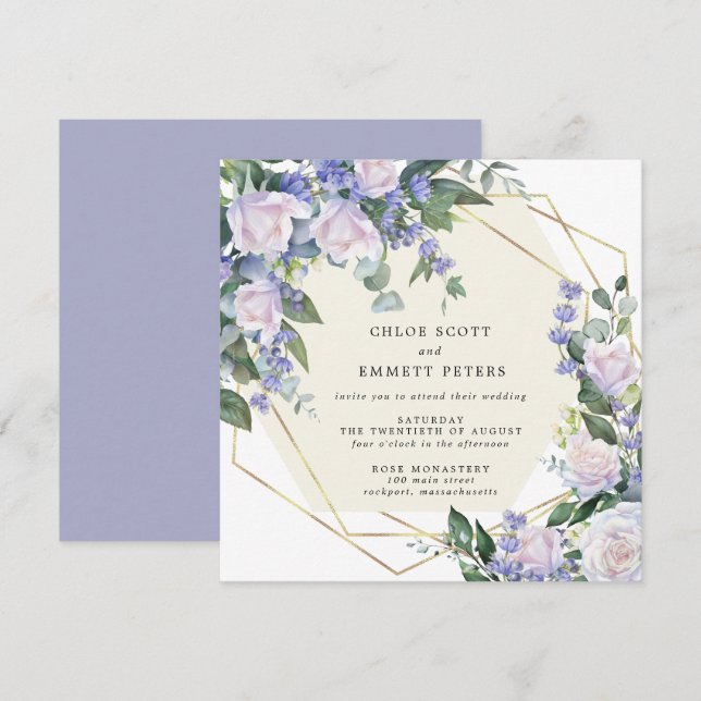 Invitación Boda Floral azul morado de rosa blanca (Anverso / Reverso)