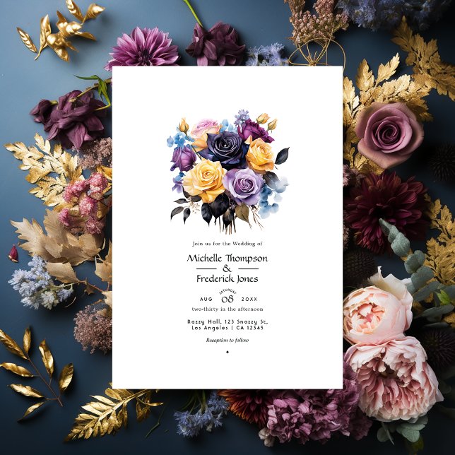 Invitación Boda floral azul, morado, dorado y negro (Subido por el creador)