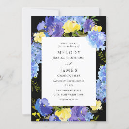 Invitación Boda floral azul morado y amarillo - negro