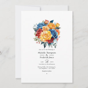 Invitación Boda floral azul, naranja, amarilla y roja