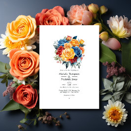Invitación Boda floral azul, Naranja, amarillo y rojo
