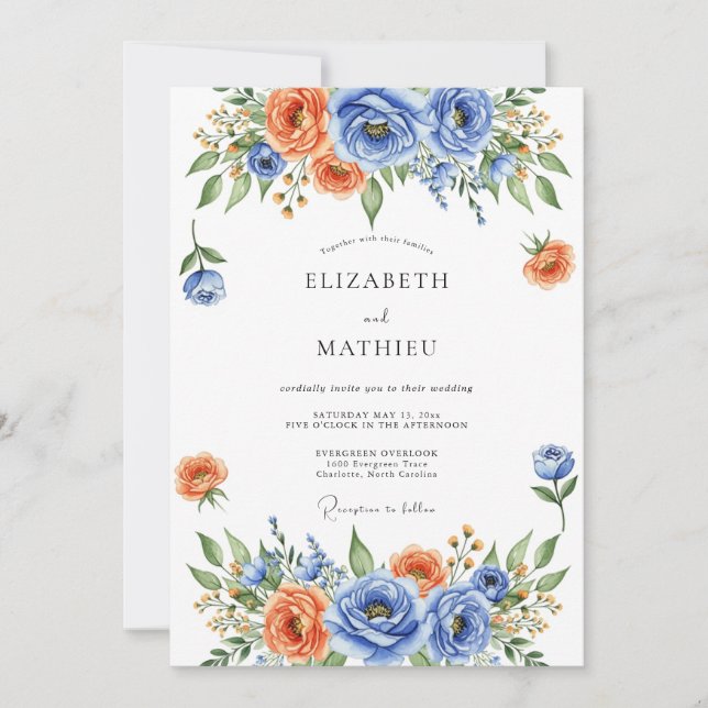 Invitación Boda Floral Azul Naranja Floración (Anverso)