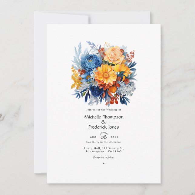 Invitación Boda floral azul, naranja y amarillo (Anverso)