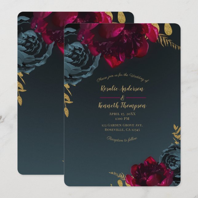 Invitación Boda Floral Azul Oscuro Malhumorado con Verdor Dor (Anverso / Reverso)