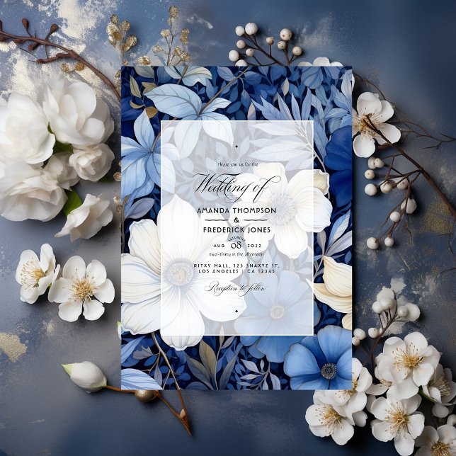 Invitación Boda floral azul oscuro, plateado y blanco (Subido por el creador)