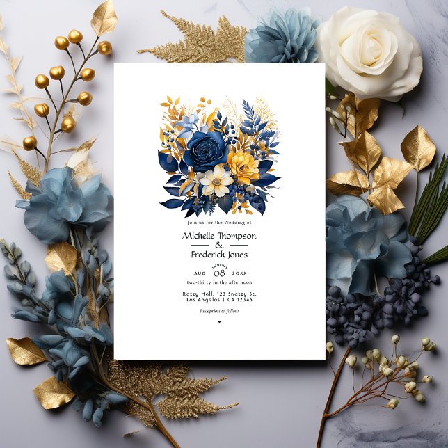 Invitación Boda floral azul oscuro y dorado (Subido por el creador)