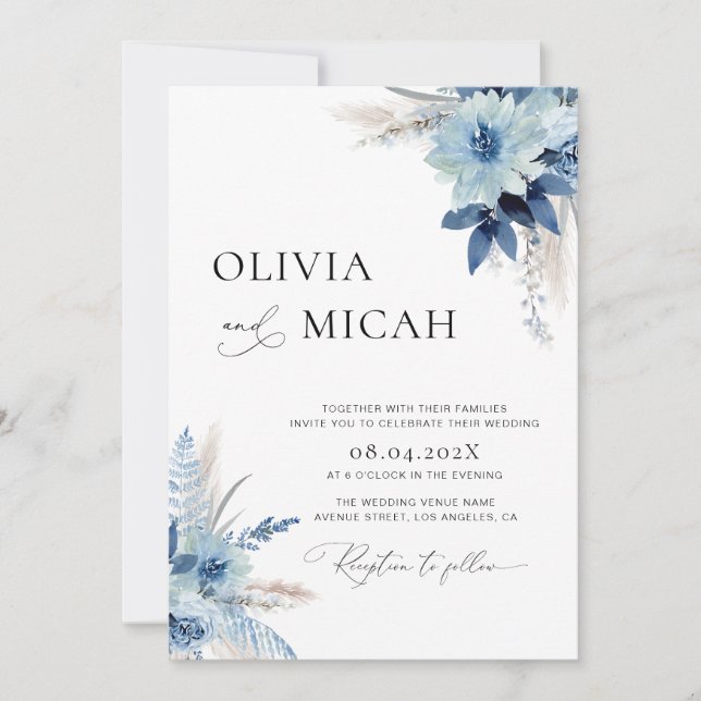 Invitación boda floral azul pampas (Anverso)