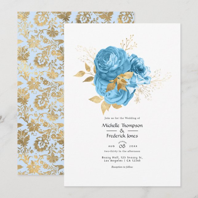 Invitación Boda floral azul pastel y dorado (Anverso / Reverso)