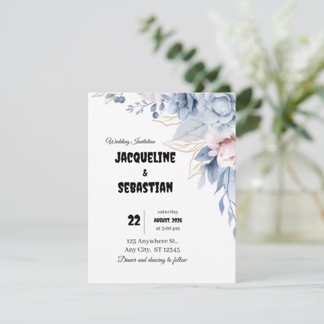 Invitación Boda floral azul personalizable (Anverso de pie)