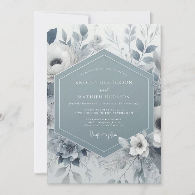 Invitación Boda floral azul pizarra (Anverso)