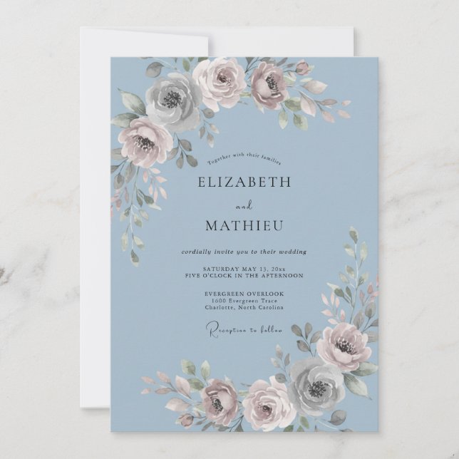 Invitación Boda floral azul pizarra (Anverso)