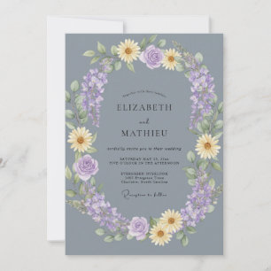 Invitación Boda Floral Azul Pizarra Amarillo Pálido