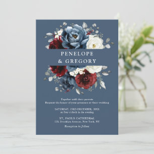 Invitación Boda floral azul pizarra, borgoña, blanco marfil e