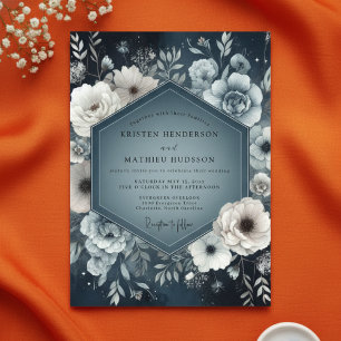 Invitación Boda Floral Azul Pizarra Crepuscular