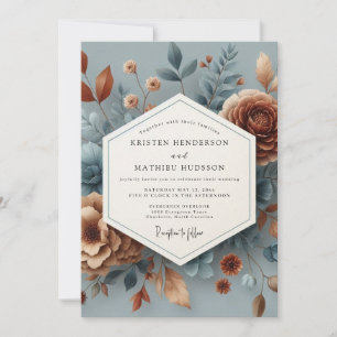 Invitación Boda floral azul pizarra y cobre