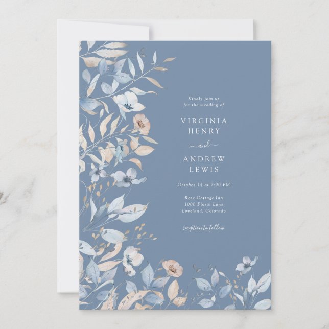 Invitación Boda Floral Azul Polvo (Anverso)