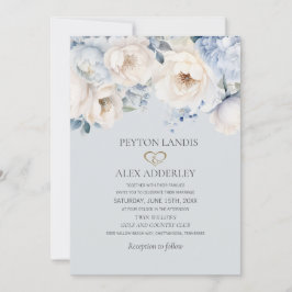 Invitación Boda Floral Azul Polvo Crema Blanca Dorado