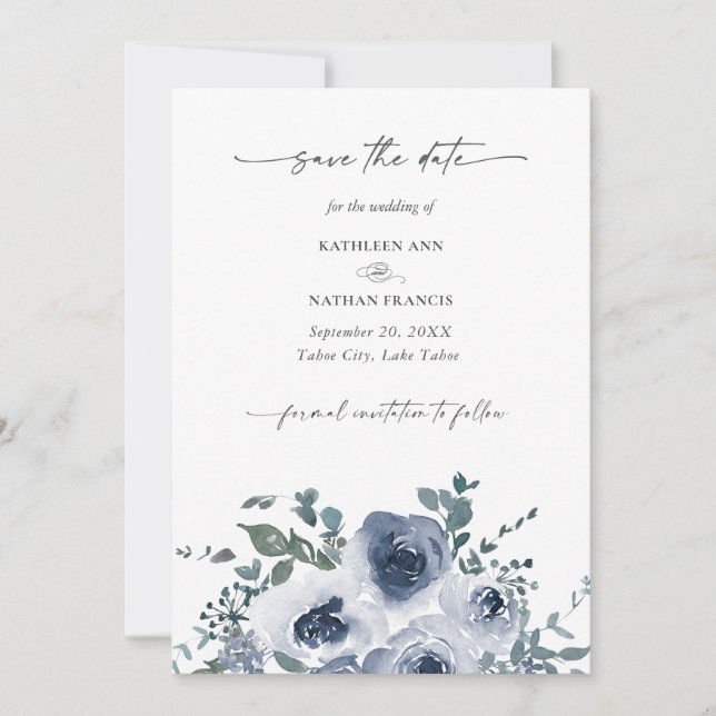 Invitación Boda Floral Azul Polvo Guardar la Fecha (Anverso)