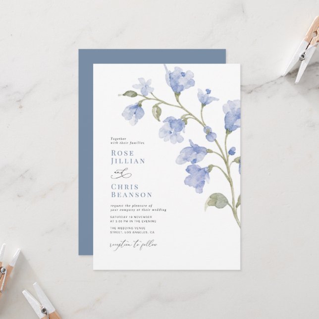 Invitación Boda floral azul polvo moderna (Anverso/Reverso In Situ)